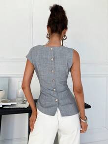Siren Gaze Women's Grey Elegant Office Summer Blouse,Boat Neck Twist Front Sleeveless Tank Top,Ruched Waist Asymmetric Hem Shirt,Button Closure Back Work Wear - Grey - View 2