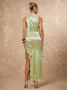 Lumalex 女士优雅性感蕾丝拼接侧开衩连衣裙 - 灰綠 - 查看 3