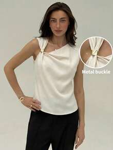 Aloruh 女士金属扣装饰翻领无袖杏色衬衫 - 杏色 - 查看 1