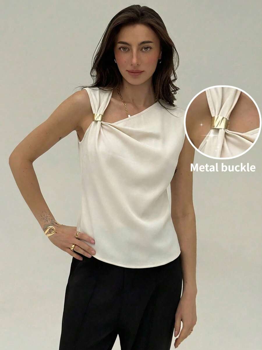 Aloruh 女士金属扣装饰翻领无袖杏色衬衫 - 杏色 - 查看 1