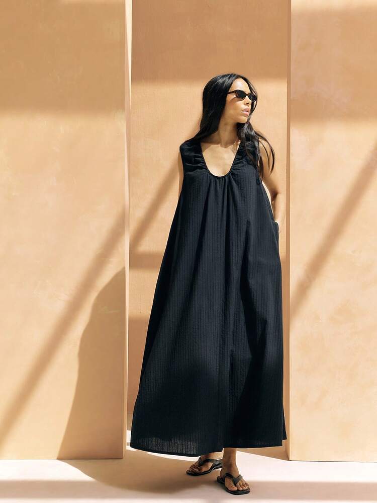 KSTM Women's Sleeveless Gathered Scoop Neckline Flowy A-Line Maxi Dress Summer Vacation Beach Resort Casual Long Dress