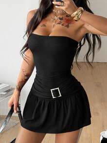 Coolane 女士夏季西部牛仔装街头风Y2K西部度假装低腰棕色毛衣短裤 - 黑色 - 查看 3