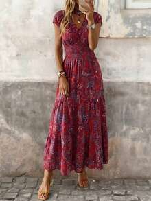 Brillora Women's Burgundy V-Neck Pleated Waist Cinched Boho Maxi Dress,Summer Holiday Vacation Bohemian Floral Wedding Guest Outfit,Elegant Short Sleeve Dress - Red - View 2