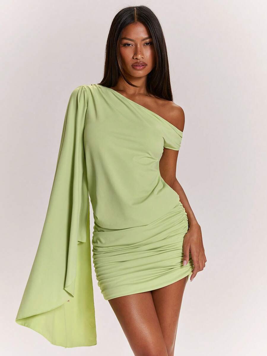 SHEIN BAE Spring & Summer Solid Green Asymmetrical Shoulder Ruffle Trim Backless Bodycon Dress, Vacation Dress, Sexy Dress, Green Dress - Green - View 1