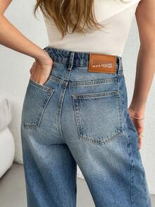 EURMUSE JEAN EN DENIM TEINT À TAILLE HAUTE, COUPE DROITE AMPLE - Jean bleu - Voir 1