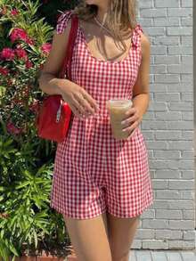 SHEIN EZwear 女士格子打结露肩休闲连体裤 - 咖啡棕 - 查看 9