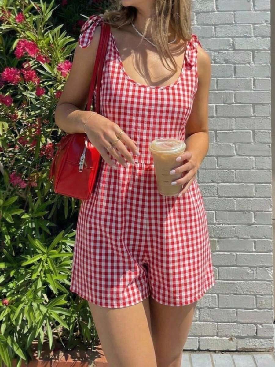 SHEIN EZwear 女士格子打结露肩休闲连体裤 - 咖啡棕 - 查看 1