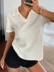 DAZY 女士夏季 Polo 领短袖休闲 T 恤 - 白色 - 查看 2