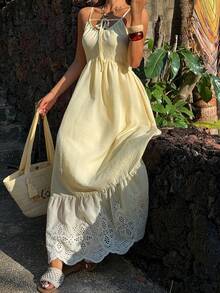 DAZY 女士夏季蕾丝拼接吊带连衣裙，优雅黄色长款度假连衣裙 - 黃色 - 查看 4