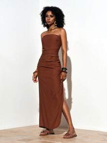 Zivah Elegant Pleated Linen-Feel Dress, Sleeveless, Suitable For Casual, Party, Commute, Summer - Brown - View 4