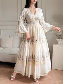 DAZY Women's Vacation Plant Pattern Contrast Lace Flare Sleeve Elegant Dress - Beige - View 3