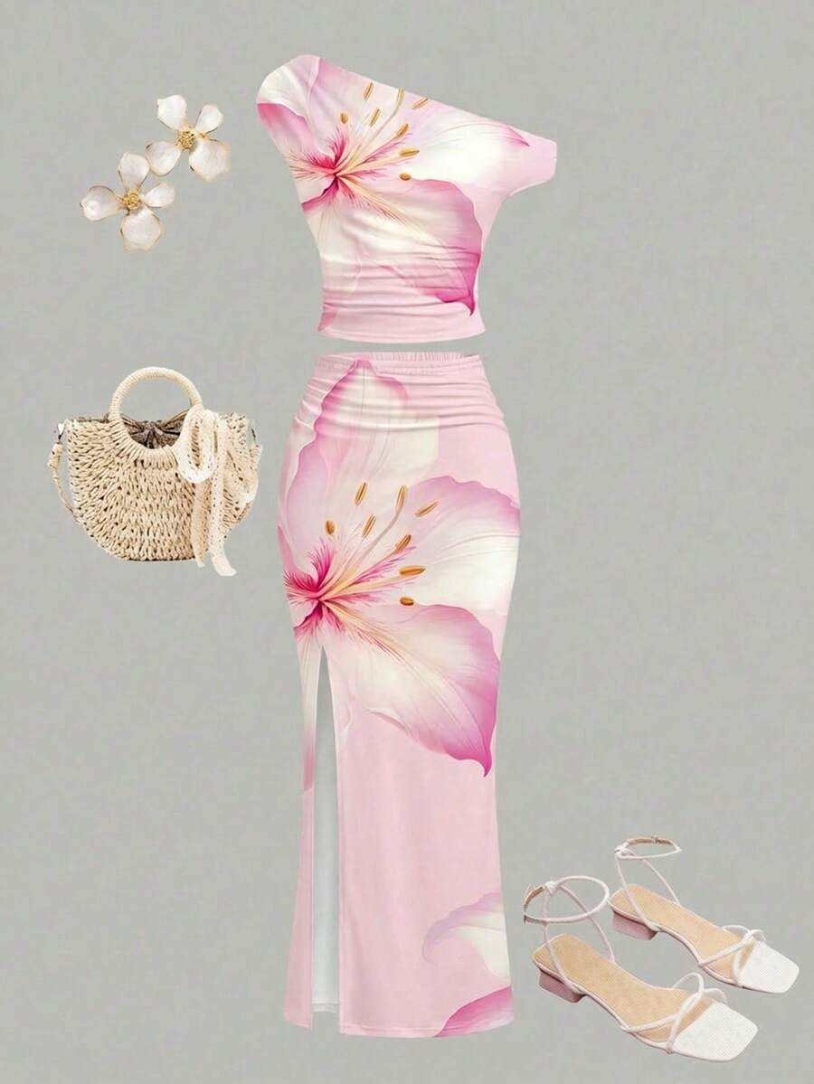 Teen Girl Floral Print Asymmetric Ruched Fitted Mini Skirt 2-Piece Set, Casual Summer/Vacation Outfit - Multicolor - View 1