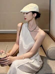 DAZY 女士休闲纯色腰带吊带上衣和阔腿裤两件套，春夏女士家居服套装 - 白色 - 查看 1
