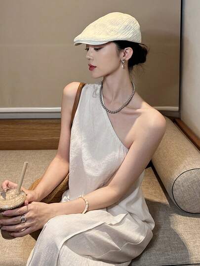 DAZY Women's Casual Solid Color Waist Belt Halter Top And Wide Leg Pants 2 Pieces Set, Spring/Summer