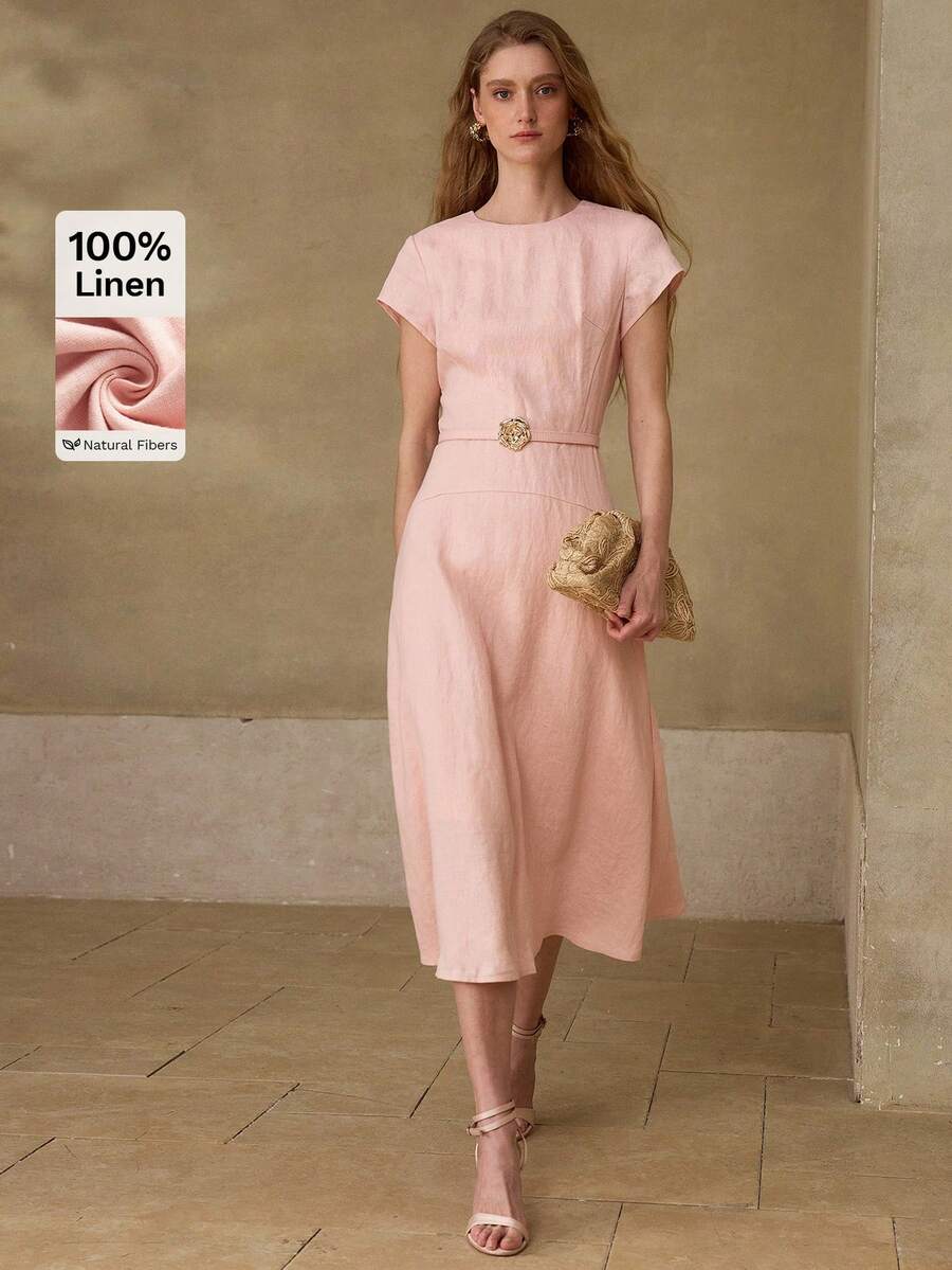 MOTF PREMIUM 女士100%亚麻圆领短袖中长休闲/约会连衣裙，春夏款 - 粉色 - 查看 1