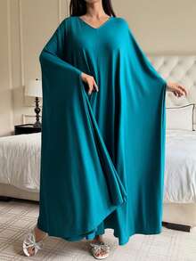 DAZY Solid Color Oversized Knit Long Dress Loungewear For Women - Teal Blue - View 4