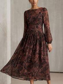 Aveloria Modichic Đầm dài tay nhẹ nhàng, tối giản, chất liệu chiffon chấm bi phong cách retro. - màu nâu - Xem 3