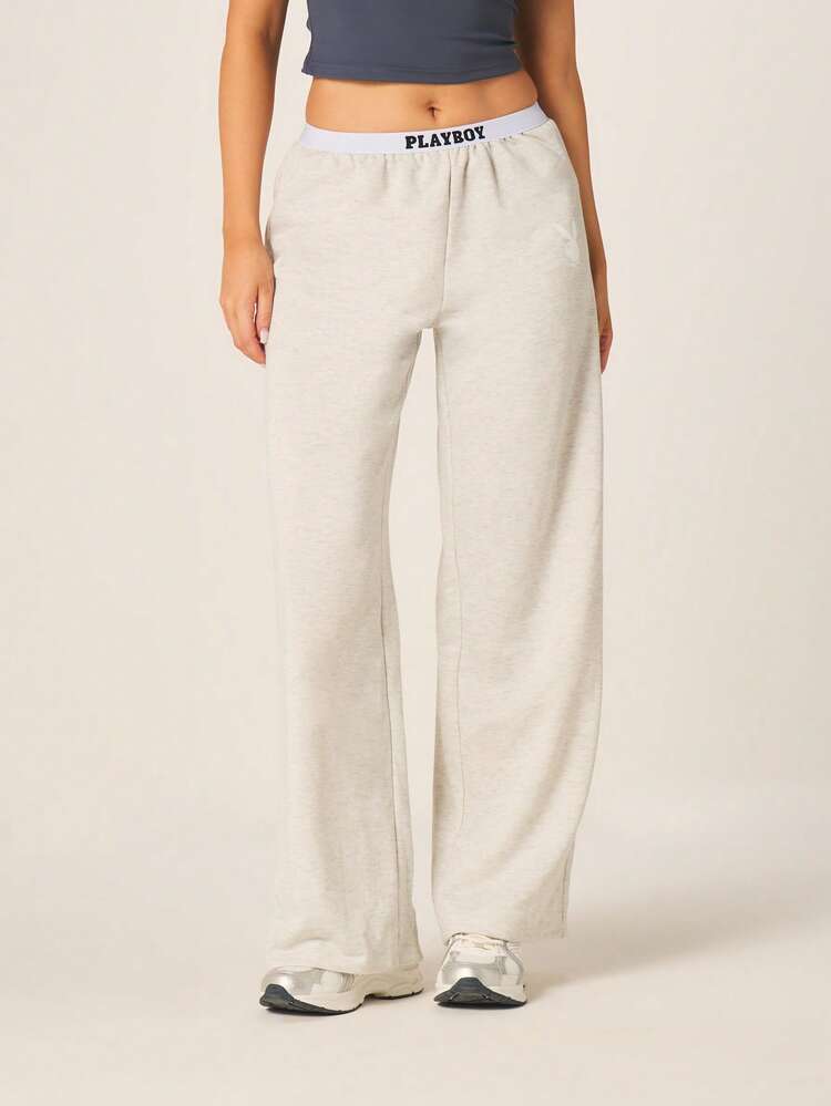 Missguided x Playboy Oversized Wide Leg Heathered Jogger Sweatpants With Branded Waistband For Casual Streetwear Loungewear