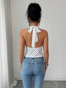Rafferiza Women's New White Base Black Polka Dot Camisole, Neck Tie Bowknot, 3D Flower, Ruffle Trim, Deep V-Neck Backless Top, Sexy, Retro Sweet, Beach, Summer Outfits, Summer, Holiday, White Top - Black and White - View 2