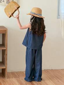 DAZY Young Girl Denim Frill Trim Round Neck Tank Top And Wide Leg Jeans Casual Set - Blue - View 2