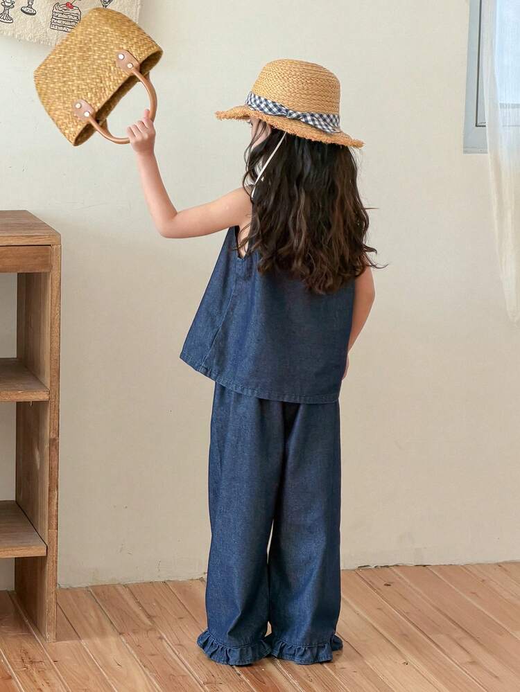 Young Girl Denim Frill Trim Round Neck Tank Top And Wide Leg Jeans Casual Set