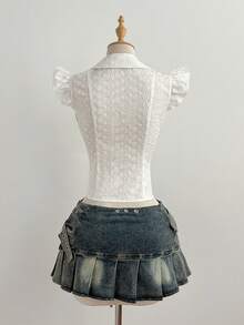 Elamini 女士彼得潘领刺绣荷叶边短袖白色衬衫，法式风格，春季女士上衣和衬衫，蕾丝冬季女士短袖上衣，白色蕾丝衬衫，彼得潘领收腰衬衫，刺绣蕾丝上衣，女士蕾丝衬衫 - 白色 - 查看 2