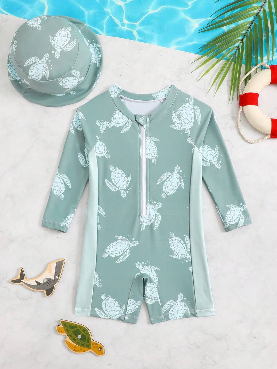 男婴新款长袖拉链印花防晒泳衣 - 墨綠色 - 查看 1