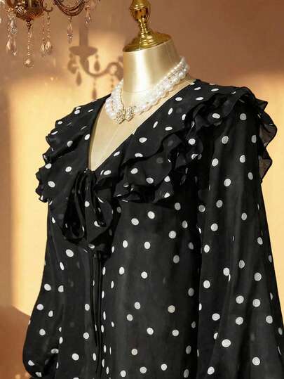 Rometta Bluză elegantă din șifon cu buline și tiv cu volane, mărime plus, pentru femei, bluză ajustată cu volane, top cu buline