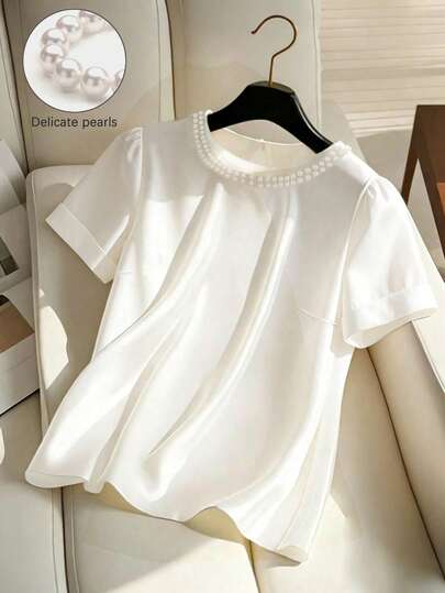 Franclia Women's Summer French Elegant Casual Design Bubble Decor Round Neck Short Sleeve Casual Versatile White Blouse