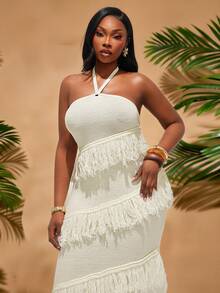 Radiana Plus Size Women's Spring/Summer Sexy Fashion Elegant Vacation Halter Fringe Asymmetric Design Bodycon Knit Dress, Suitable For Everyday Wear, BOHO, Bohemian, Outing, Resort, Beach Vacation, Holiday, Seaside, Western Wear, Music Festival, Concert, Carnival Party, Richly Layered, Date Night, Ibiza, Nashville, Break, Modest, Chic, Club, Cute, Casual, Shopping, Streetwear, Going Out, Easy To Match & Looks Slim, Accent Your Body, Flatter The Figure - Apricot - View 5