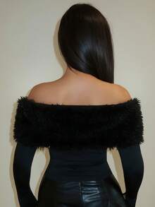 MDEdit 女士性感休闲复古露脐棕色毛领露肩长袖修身上衣，Y2K风格，秋冬款 - 黑色 - 查看 2