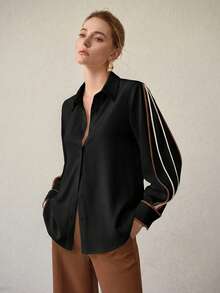 MOTF PREMIUM MINIMALIST ELEGANT CONTRAST TRIM SHIRT, SUITABLE FOR COMMUTING, SPRING/SUMMER - Black - View 4