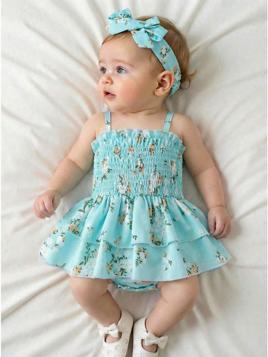 SHEIN Vintaside Kids BABYGIRL Summer Spaghetti Strap Romper With Ruffled Hem, Playful Design For Everyday Wear - Baby Blue - View 1