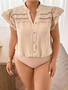 SHEIN Frenchy 大码休闲度假风碎花拼接V领荷叶袖收腰连体衣 - 杏色 - 查看 3