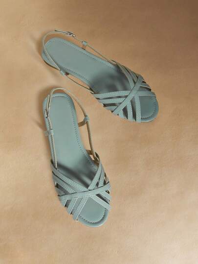 Rosivie 女鞋 户外平底PU轻薄面料交叉绑带设计 时尚简约舒适透气日常沙滩搭扣鞋