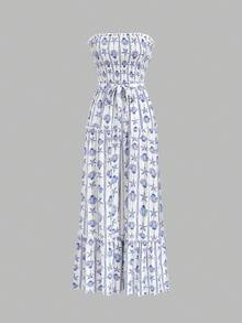 SHEIN Sweetro Women's Bohemian Style Shell & Starfish Print Soft & Comfortable Versatile Bandeau Jumpsuit, Spring/Summer - White - View 3