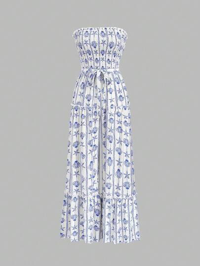 SHEIN Sweetro Women's Bohemian Style Shell & Starfish Print Soft & Comfortable Versatile Bandeau Jumpsuit, Spring/Summer