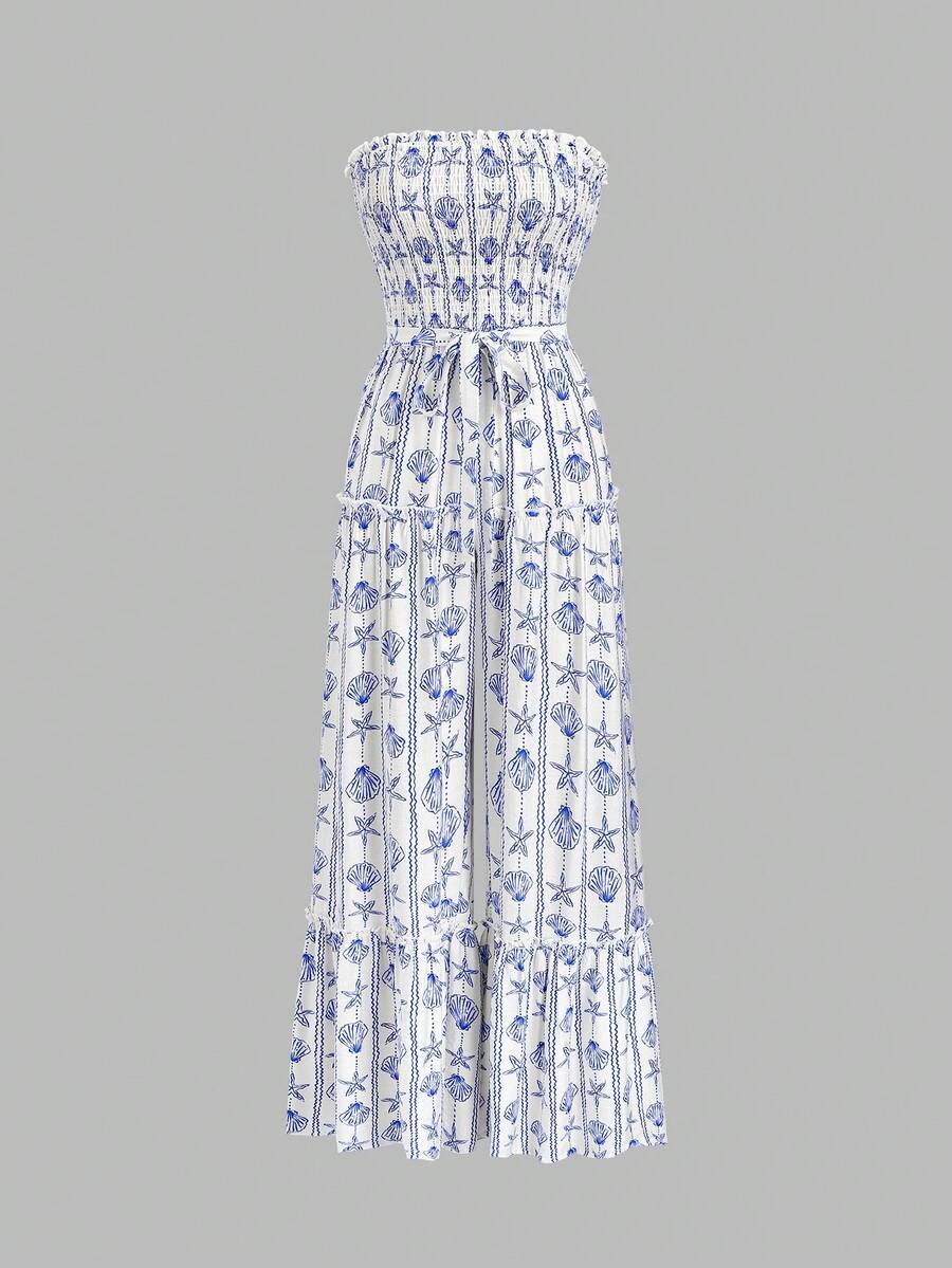 SHEIN Sweetro 女士波西米亚风贝壳和海星印花柔软舒适百搭抹胸连体裤，春夏款 - 白色 - 查看 1