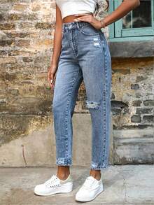 SHEIN PETITE 女士休闲破洞锥形牛仔裤 - 深色水洗藍 - 查看 5