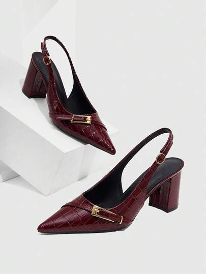 CUCCOO SZL Women Shoes Four Seasons New Large Metal Buckle Design Pointed Thick Heel High Heel Commuter Temperament Fashion Animal Embossed Leather Women's High Heel Shoes Dating Afternoon Tea Party Dinner Daily Commuter Wear Spring Shoes