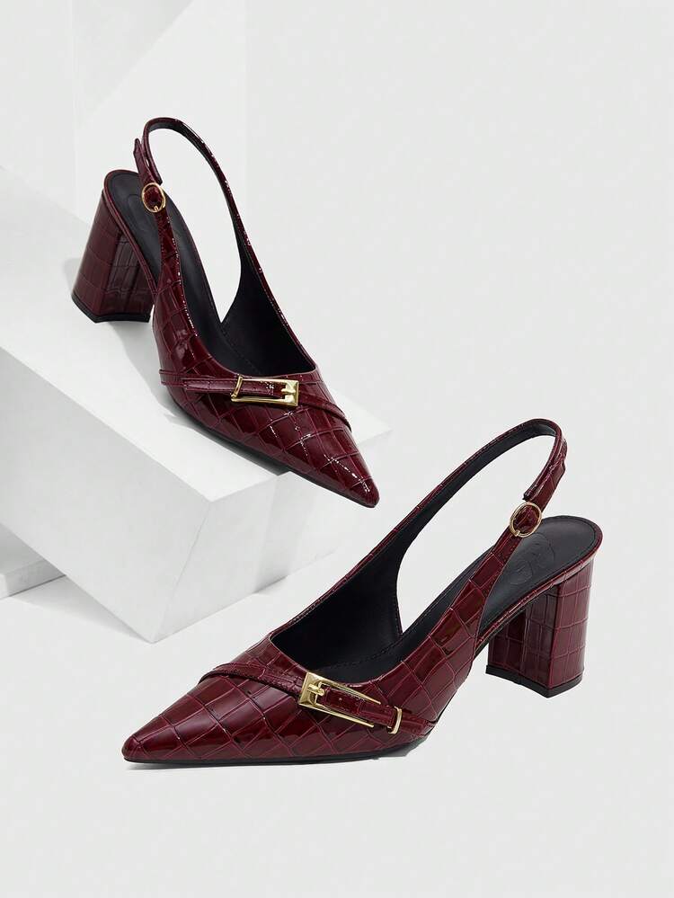 CUCCOO SZL Women Shoes Four Seasons New Large Metal Buckle Design Pointed Thick Heel High Heel Commuter Temperament Fashion Animal Embossed Leather Women's High Heel Shoes Dating Afternoon Tea Party Dinner Daily Commuter Wear Spring Shoes