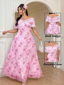 Celure 大码女士优雅玫瑰花卉露肩蕾丝网纱公主风连衣裙，适合情人节穿着 - 粉色 - 查看 6