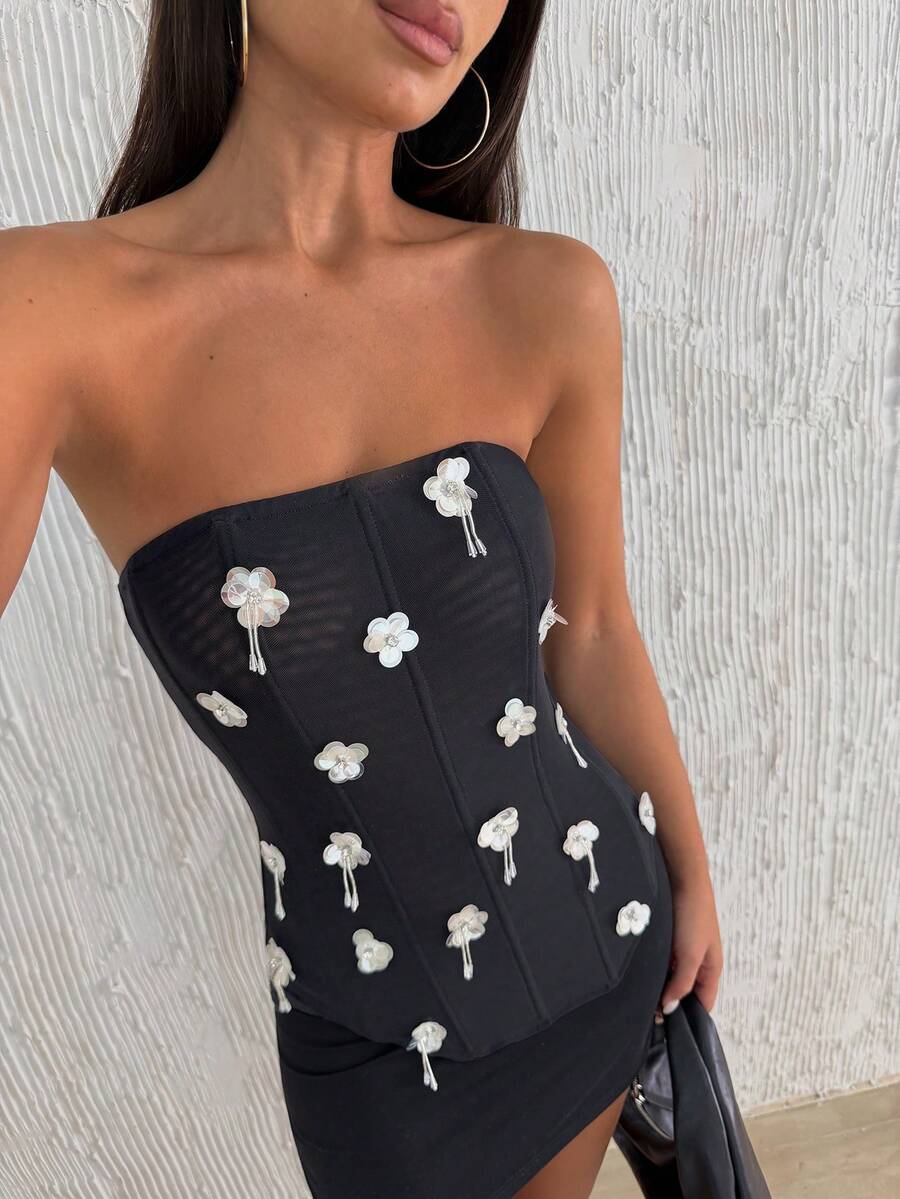 SHEIN BAE 性感水钻花卉装饰抹胸露脐上衣，优雅适合派对、约会之夜、乡村音乐节、夜店等场合，闪亮夏季上衣，正式场合，时尚吊带背心 - 黑色 - 查看 1