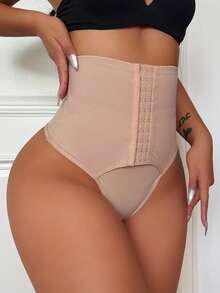 SHEIN 女士塑身連體衣,高腰收腹胖次紗蕾絲塑型短褲 - 杏色 - 查看 5