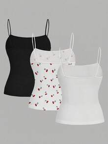 SHEIN EZwear Conjunto de 3 piezas de talla grande para mujer en negro y blanco sólido + cereza, camiseta ajustada con pliegues laterales, adecuada para festivales de música de verano - Multicolor - Ver 2