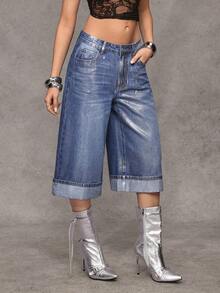 Jeanoix Y2K 时尚喇叭裤脚银箔水洗阔腿七分牛仔裤 - 中等水洗藍 - 查看 5