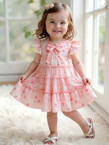 SHEIN Vestido de niña pequeña de estilo casual con estampado floral y decoración de lazo, adecuado para primavera, verano, otoño, uso en casa, vacaciones, fiestas y uso diario - Multicolor - Ver 12