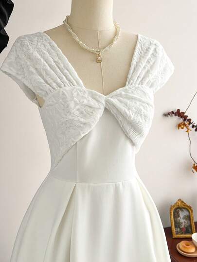 Vintamour Vintage Classic Elegant Women's Dress, Spring/Summer Fitted Twist Knot Dress, Patchwork Dress, Wide Strap Camisole Dress, White Flared Dress