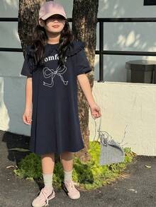 DAZY Đầm ngắn tay cánh hoa in chữ và nơ cho bé gái tuổi teen, dáng rộng thoải mái. - Màu xanh hải quân - Xem 3