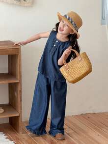 DAZY Young Girl Denim Frill Trim Round Neck Tank Top And Wide Leg Jeans Casual Set - Blue - View 4